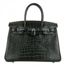 Hermes Birkin 30cm Crocodile Leather Bag Black with Platinum HW