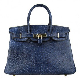 Hermes Birkin 30cm Ostrich Veins Bag Navy Blue with Gold HW