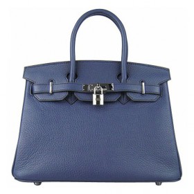 Hermes Birkin 30cm Clemence Leather Bag Navy Blue with Platinum HW