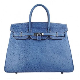 Hermes Birkin 35cm Ostrich Veins Bag Blue with Platinum HW