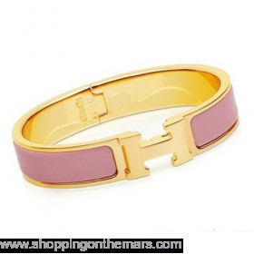 Hermes Gold Plated H Narrow Bracelet with Pink Enamel