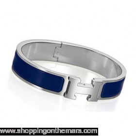 Hermes Silver Platinum Plated H Narrow Bracelet Lighting Blue Enamel