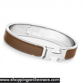Hermes Silver Platinum Plated H Narrow Bracelet Coffee Enamel